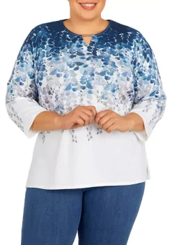 Deals 😉 Alfred Dunner Plus Size Floral Park Split Neck 3/4 Sleeve Ombre Leaf Print Top 💯 -Alfred Dunner Sales Belk 713