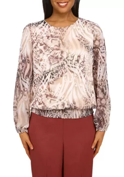 Cheapest 🔔 Alfred Dunner Plus Size Sorrento Abstract Animal Smocked Hem Blouse 🛒