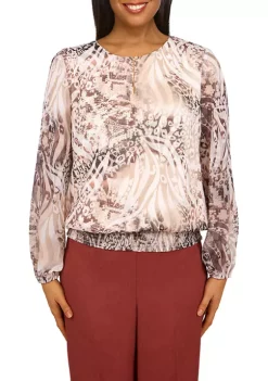 Best reviews of 🎁 Alfred Dunner Petite Sorrento Abstract Animal Smocked Hem Blouse 🥰 -Alfred Dunner Sales Belk 79