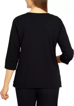 Coupon 😀 Alfred Dunner Plus Size Theater District Solid Split Neck 3/4 Sleeve Knit Top 🌟 -Alfred Dunner Sales Belk 805
