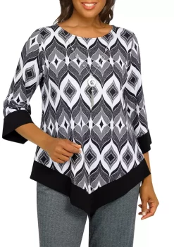 Budget 🎁 Alfred Dunner 👩 Women's Empire State Textured Geometric Print Top with Removable Necklace 😉 -Alfred Dunner Sales Belk 813
