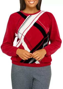 Best deal 🥰 Alfred Dunner 👩 Women's Empire State Plaid Crew Neck Long Sleeve Sweater 🤩