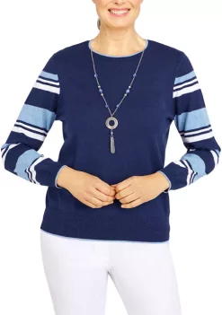 Best Sale 💯 Alfred Dunner 👩 Women's Classics Striped Sleeve Novelty Sweater 🧨 -Alfred Dunner Sales Belk 836