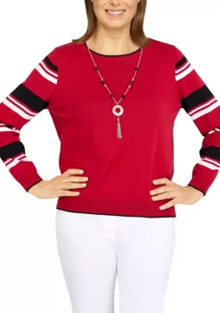 Best Sale 💯 Alfred Dunner 👩 Women's Classics Striped Sleeve Novelty Sweater 🧨 -Alfred Dunner Sales Belk 837