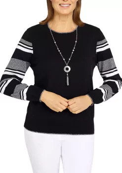 Best Sale 💯 Alfred Dunner 👩 Women's Classics Striped Sleeve Novelty Sweater 🧨 -Alfred Dunner Sales Belk 838
