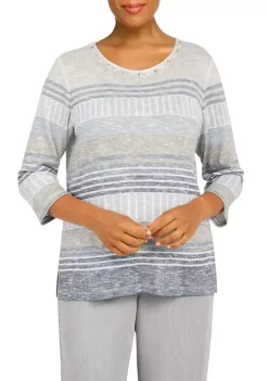 Cheapest 🥰 Alfred Dunner 👩 Women's Stonehenge Crew Neck 3/4 Sleeve Stripe Print Top 🌟 -Alfred Dunner Sales Belk 858
