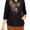 Deals 🔥 Alfred Dunner Petite Madagascar Beaded Split Neck 3/4 Sleeve Top ⭐ -Alfred Dunner Sales Belk 882
