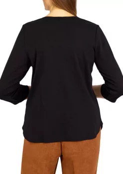 Deals 🔥 Alfred Dunner Petite Madagascar Beaded Split Neck 3/4 Sleeve Top ⭐ -Alfred Dunner Sales Belk 883