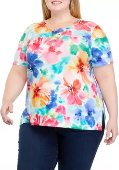 Hot Sale ⌛ Alfred Dunner Plus Size Watercolor Print Top 😍 -Alfred Dunner Sales Belk 892