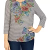 Budget 🛒 Alfred Dunner 👩 Women's Indigo Daze Stripe Asymmetric Floral Knit Top 🎁