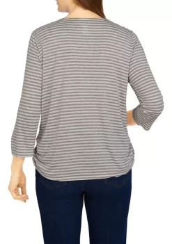 Budget 🛒 Alfred Dunner 👩 Women's Indigo Daze Stripe Asymmetric Floral Knit Top 🎁 -Alfred Dunner Sales Belk 907