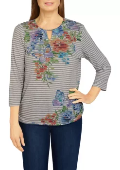 Budget 🛒 Alfred Dunner 👩 Women's Indigo Daze Stripe Asymmetric Floral Knit Top 🎁 -Alfred Dunner Sales Belk 908