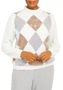 Budget ✔️ Alfred Dunner 👩 Women's Stonehenge Mock Neck Long Sleeve Argyle Chenille Sweater 🧨 -Alfred Dunner Sales Belk 927