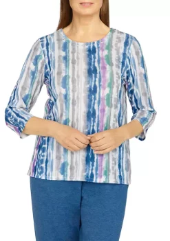Cheapest 🎁 Alfred Dunner 👩 Women's Floral Park Crew Neck 3/4 Sleeve Tie Dye Print Top 😀 -Alfred Dunner Sales Belk 945