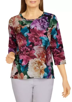 Best Sale 🌟 Alfred Dunner Petite Classics Realistic Flowers Knit Top ✔️ -Alfred Dunner Sales Belk 952