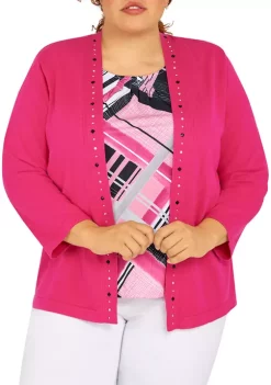 Wholesale π Alfred Dunner Plus Size Theater District 3/4 Sleeve Sweater Includes An Attached Plaid Tank Top With Removable Necklace β