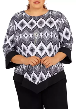 Outlet 🧨 Alfred Dunner Plus Size Empire State Texture Crewneck Bell Sleeve Geo-Print Top With Detachable Necklace ⌛