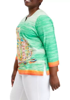 Flash Sale 🛒 Alfred Dunner Plus Size 3/4 Sleeve Scenic Print Top 👏 -Alfred Dunner Sales Belk 977
