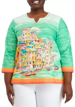Flash Sale 🛒 Alfred Dunner Plus Size 3/4 Sleeve Scenic Print Top 👏 -Alfred Dunner Sales Belk 978